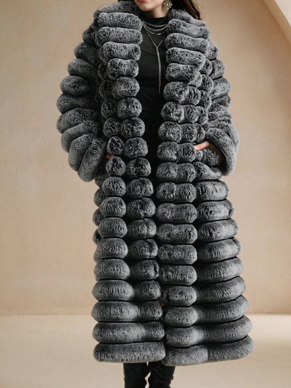 Black And White Plain Women's Fuzzy Single-Breasted Long Coat - Picture 3 of 8